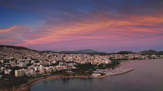 Athens Greece sea coast aerial view during sunset with beautiful sky