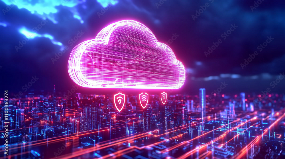 Poster futuristic cloud and edge computing with cybersecurity concepts