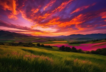 Obraz premium stunning sunsets illuminating lush green fields under vibrant sky soft clouds silhouettes distant hills, nature, landscape, horizon, orange, pink, blue