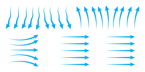 Set of blue arrow showing wind air flow isolated on white background, air direction signs