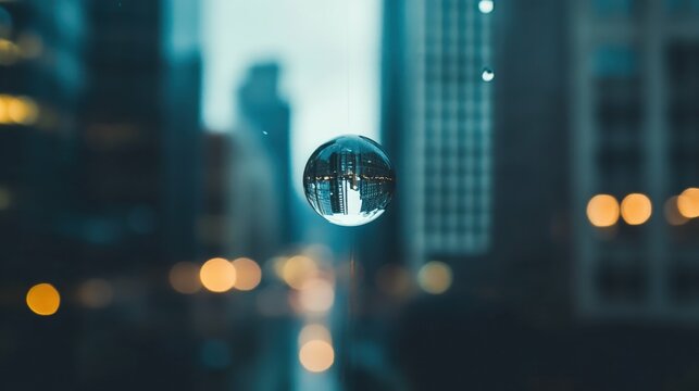 Close-up of a single rain droplet on a glass window with a blurred urban backdrop, moody minimalistic style,