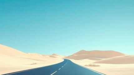 Landscape with a road stretching into the desert, blue sky, daytime lighting, minimalist style