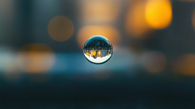 Close-up of a single rain droplet on a glass window with a blurred urban backdrop, moody minimalistic style,