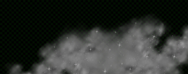 Mystery dark background with glowing particles, stardust, and glittering stars, creating a colorful, ethereal fog. Vector illustration with vibrant, multicolored steam and vapor.