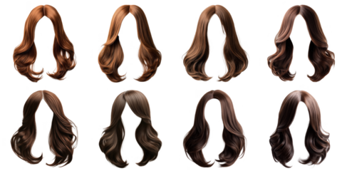 Brown hair wig png isolated object collection background for hair style purpose.