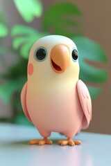 Cute little bird with a pink body and yellow beak is standing on a table