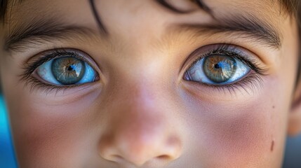 Naklejka premium The hopeful eyes of a refugee child in a resettlement camp, Symbolizing resilience amidst displacement, photography style