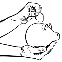 Outline Illustration of Hand Dropping Coin in Piggy Bank. A hand dropping a coin into a piggy bank, symbolizing saving, financial planning, or budgeting. A simple and relatable concept ideal for theme