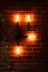 creative decor warm electric bulb light cozy interior binding prop hanging lamp object brick wall...