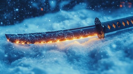 A glowing katana rests on snowy ground, illuminated by a mystical light.