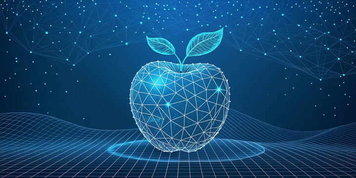 Digital Art of Glowing Apple on Grid, Education and Wisdom