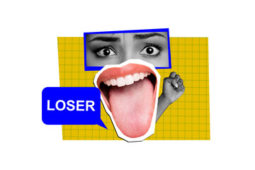 Collage image woman face fragment mouth rude offense bullying loser checkered background afraid...