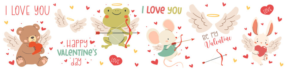 Set of vector illustrations for Valentine's Day. Cute cupids bear frog crocodile mouse dinosaur and hare, animals with wings and hearts, valentine's day inscriptions. Vector illustration