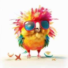 Naklejka premium A cheerful parrot with vibrant feathers and stylish sunglasses enjoys a sunny day by the beach