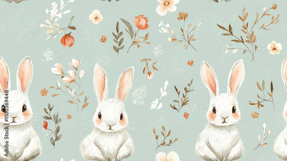 Poster this playful pattern showcases charming bunnies surrounded by soft flowers and leaves, perfect for c