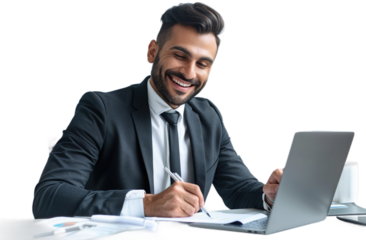 Smiling Businessman Working on Documents at Laptop, cut out, PNG file
