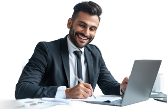 Smiling Businessman Working on Documents at Laptop, cut out, PNG file