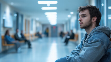 Waiting time. A young man sits pensively in a hospital hallway, surrounded by others waiting, capturing a moment of reflection and uncertainty.