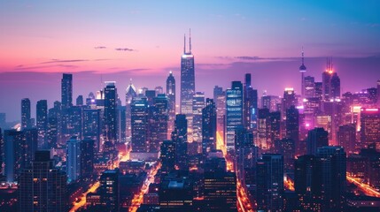Fototapeta premium Vibrant city skyline at dawn, illuminated skyscrapers and city lights.