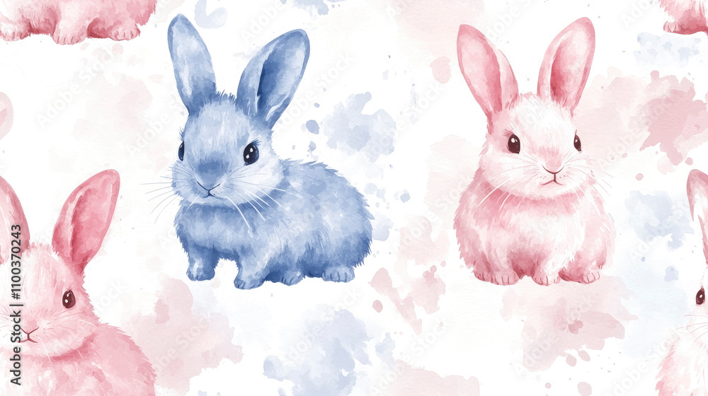 Poster colorful bunnies in gentle watercolor style create a delightful pattern, perfect for adding charm to