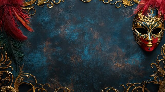 Venetian Carnival Mask Border: Exquisite Snake Designs, Feathers, and Baroque Elements on Luxurious Velvet, Theatrical Lighting, and Festival Quality in 8K Resolution.