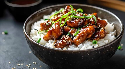 Fototapeta premium A ceramic bowl of rice, garnished with a drizzle of soy sauce and green onions, styled on a dark background