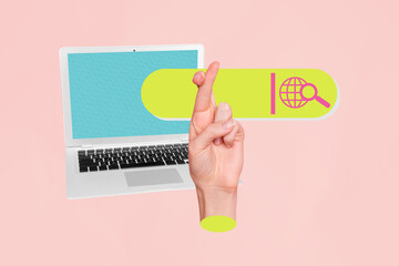 Composite photo collage of hand show pray gesture crossed fingers laptop webpage search request...
