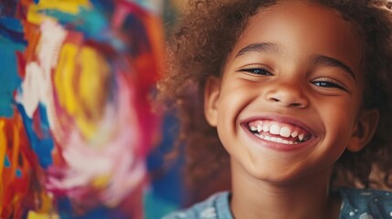 The joyful smile of a child artist showcasing their painting at a local gallery, Symbolizing creativity amidst community support, photography style
