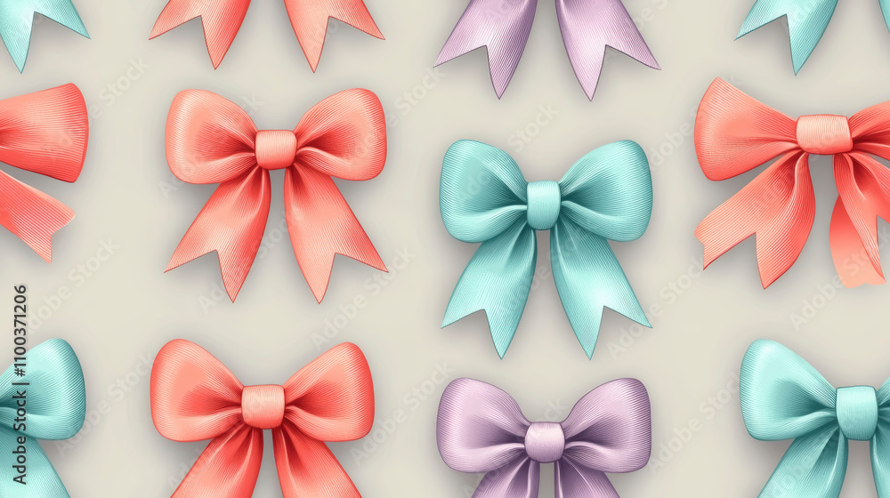 Poster vibrant bows in coral, teal, and lavender create a playful and cheerful seamless pattern suitable fo