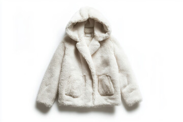 White faux fur jacket with hood displayed on white background for modern fashion branding