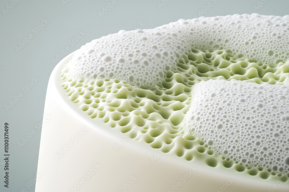 Poster a close-up view of a textured surface featuring bubbles or foam, showcasing an intricate pattern wit