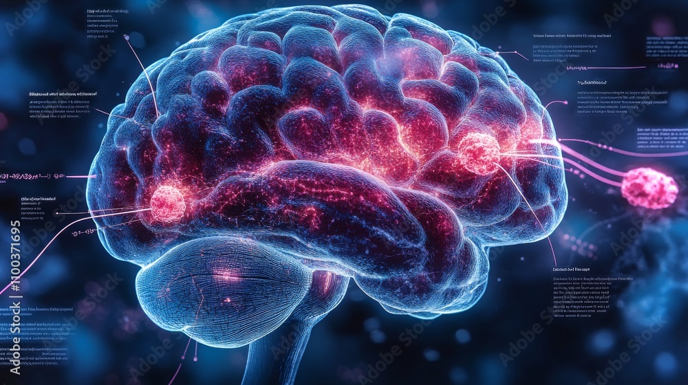 Poster cross-sectional view of the human brain highlighting neural connections and activity patterns