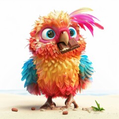 Fototapeta premium A colorful parrot joyfully munching on a treat while standing on the sandy beach during a sunny day
