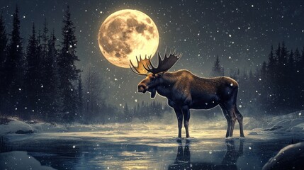 Naklejka premium A majestic moose stands in a snowy landscape under a full moon, creating a serene atmosphere.