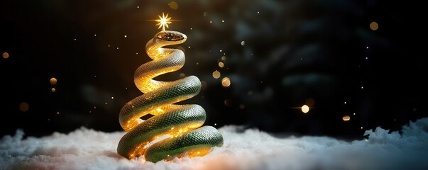 Obraz premium A creative depiction of a snake coiled in the shape of a Christmas tree, adorned with glowing golden lights and crowned with a star. The scene is set on a snowy surface background.