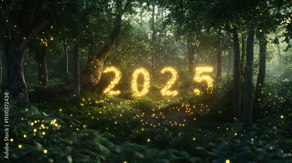 Poster a mystical forest scene featuring glowing numbers 