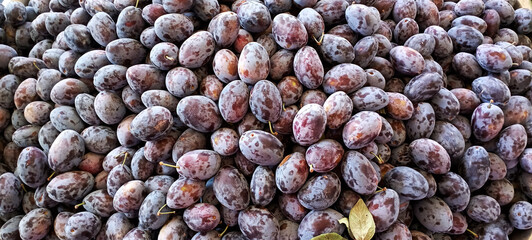 Bistritene plums exposed for sale at the fairFresh plums on a bazaar as a background