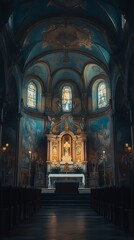 Fototapeta premium Stunning gothic church interior bathed sunlight with stained glass photos