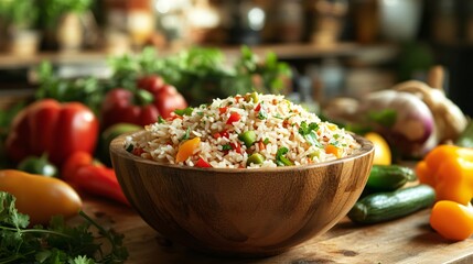 A wooden bowl of basmati rice, surrounded by fresh vegetables and a rustic kitchen setting in the background