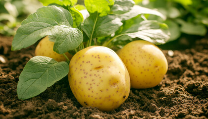 Fresh potatoes growing in garden soil with green leaves in sunlight