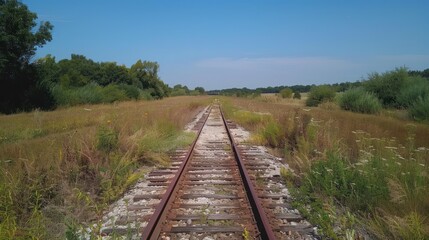 Obraz premium Abandoned railway tracks disappearing into overgrown fields under a clear blue sky.