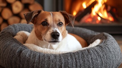 Obraz premium Jack Russell Terrier Relaxing In Cozy Dog Bed Near Fireplace