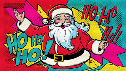  Santa Claus, with bold "Ho Ho Ho!" text in vibrant colors. The background features a pop-art-inspired design with halftone patterns, geometric shapes, and a festive color palette.