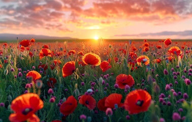 Fototapeta premium A field of red poppies with the sun setting in the background. The sun is setting behind the mountains in the distance