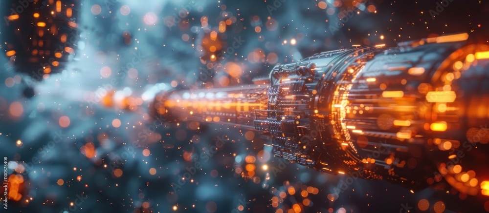 Poster futuristic spaceship engine glowing intensely with orange sparks in dark space.