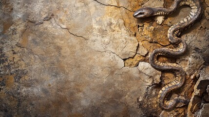 Fossilized Snake Border on Limestone: Geological Layers and Ancient Imprints with Natural Cave Lighting. Archaeological Quality in 8K Resolution.