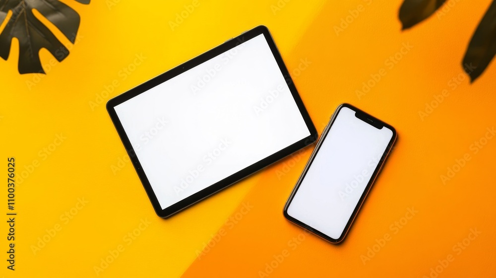 Poster laptop and smartphone isolated on yellow and orange gradient background. 3d rendering of laptop with