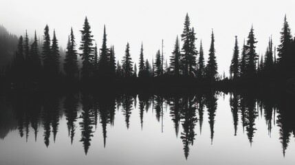 Obraz premium Monochromatic lake reflecting silhouetted pine trees on a misty morning.