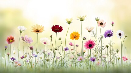 Fototapeta premium Vibrant Field of Wildflowers under Golden Sunlight with Soft Watercolor Brushstrokes