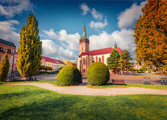 Sunny autumn cityscape of Presov town, Slovakia, Europe. Picturesque morning view of Co-Cathedral of Saint Nicholas. Traveling concept background.